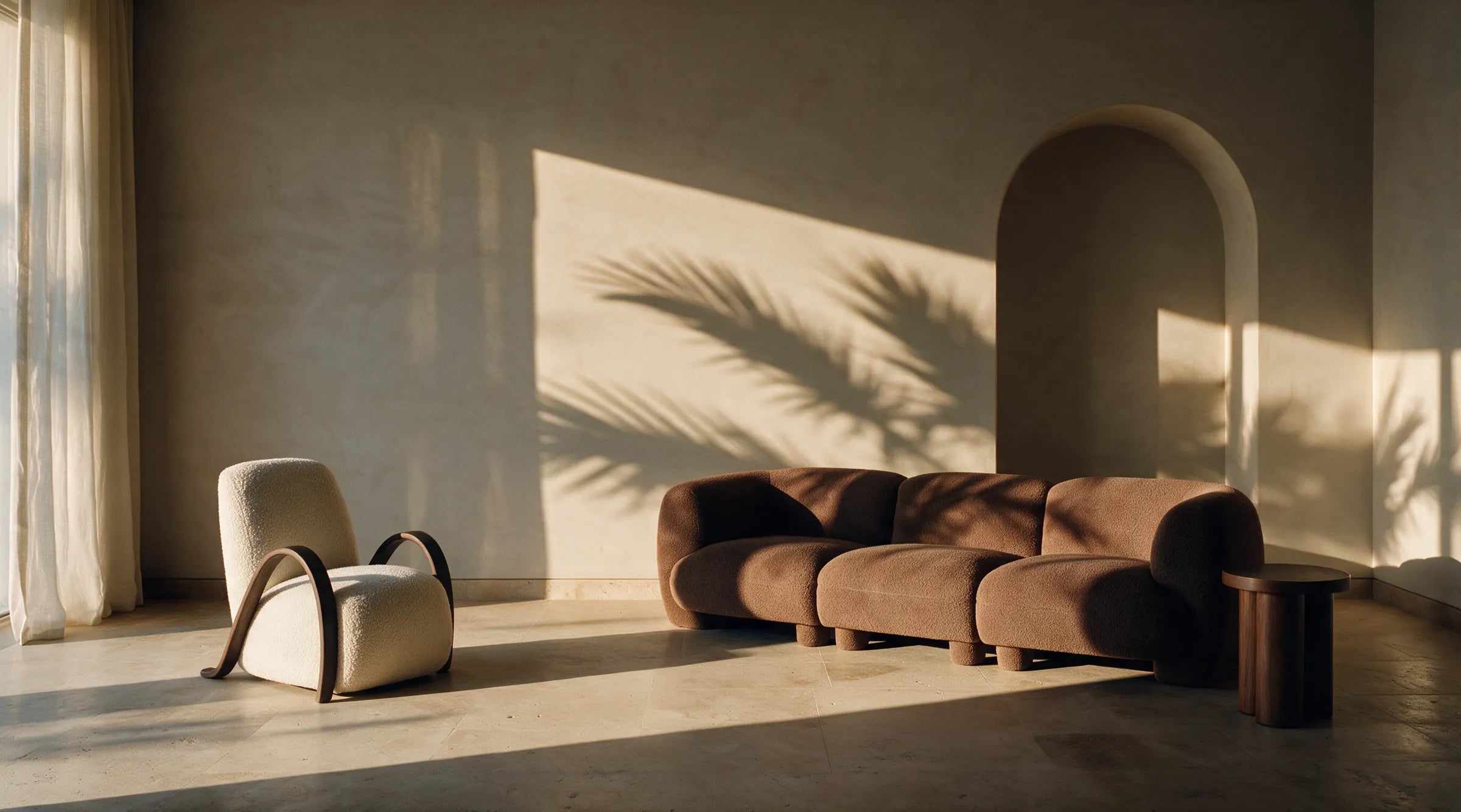 Living room with the Boucle Modern 3-Seater, Aliya side table and Noric armchair