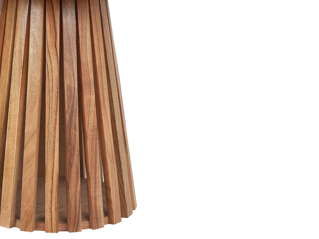 Detailed close-up of Alder Coffee Table’s natural oak veneer and smooth handcrafted base.