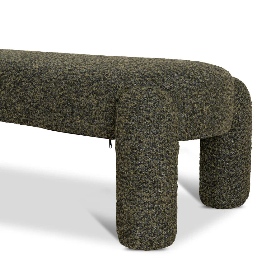 Amayori Upholstered Dining Bench in Basil Green fabric – side Close view highlighting curved seat and sturdy Legs