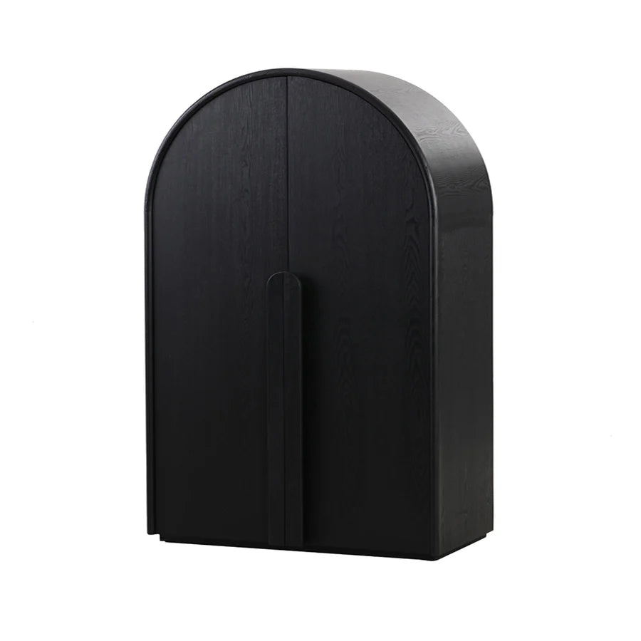 Side view of Black Yuno Curve Cabinet with rounded silhouette and raised wooden base