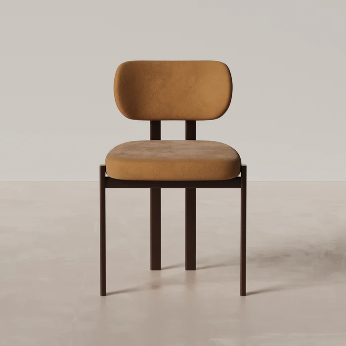 Straight-on image of Camel fabric Coral Dining Chair emphasizing modern design and compact structure