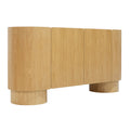 Angled view of Crimson Sideboard highlighting curved edges, wood grain texture.