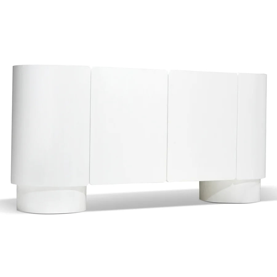 Side view of Crimson Sideboard Unit with sculptural cylindrical legs and smooth white paint finish