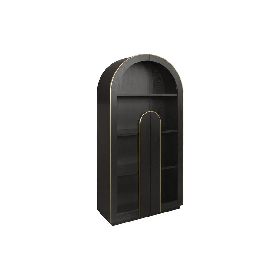 Side view of Damnatio Glass Cabinet with narrow profile and sleek black finish