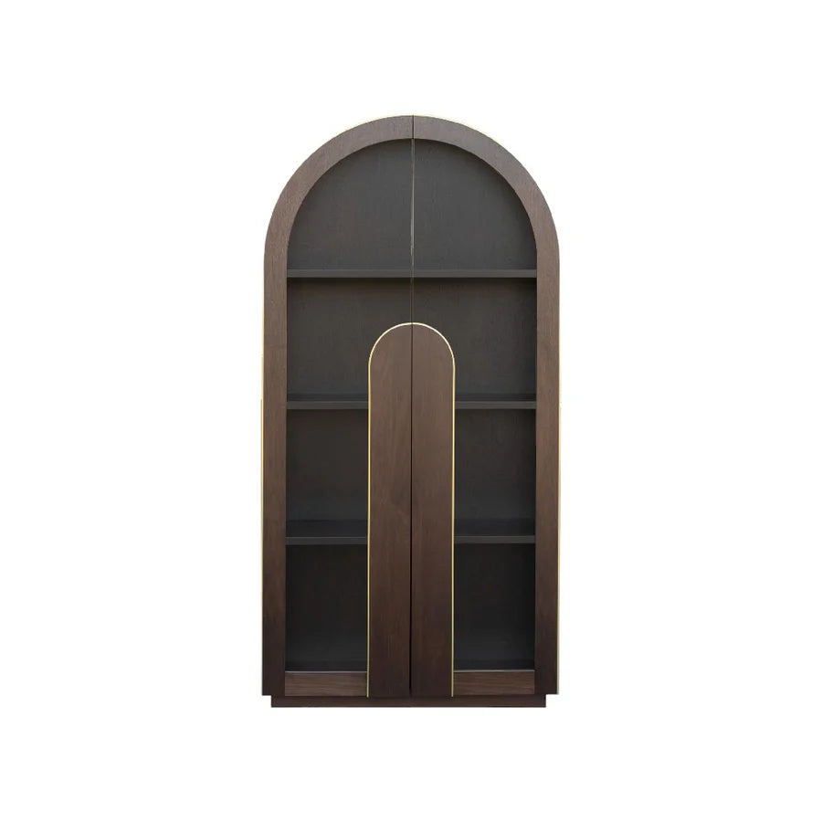 Straight-on image of Damnatio Glass Cabinet emphasizing tall minimalist design and transparent panels