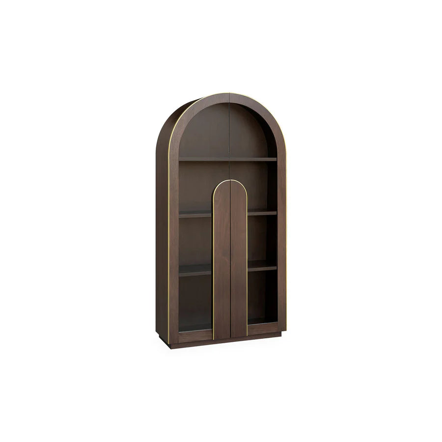Side view of Damnatio Glass Cabinet with narrow profile and sleek walnut finish