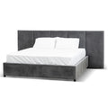 Angled view of Elsa Bed highlighting wide rectangular headboard, Charcoal velvet finish,
