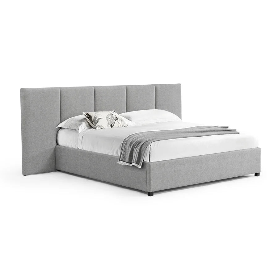 Side view of Elsa Bed Frame with matte black square legs, plush side rails, and clean modern lines