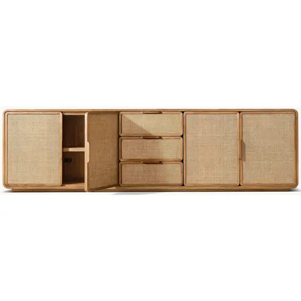 Straight-on image of Funky Rattan Media Console emphasizing timeless rattan design and modern structure 