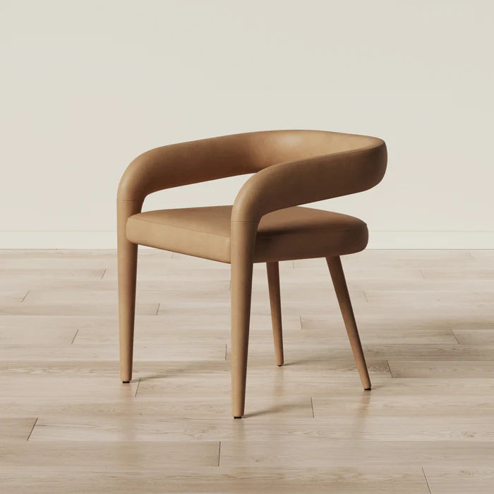 Side view of Gladiator Dining Chair in Tan fabric color with slender legs and ergonomically padded seat