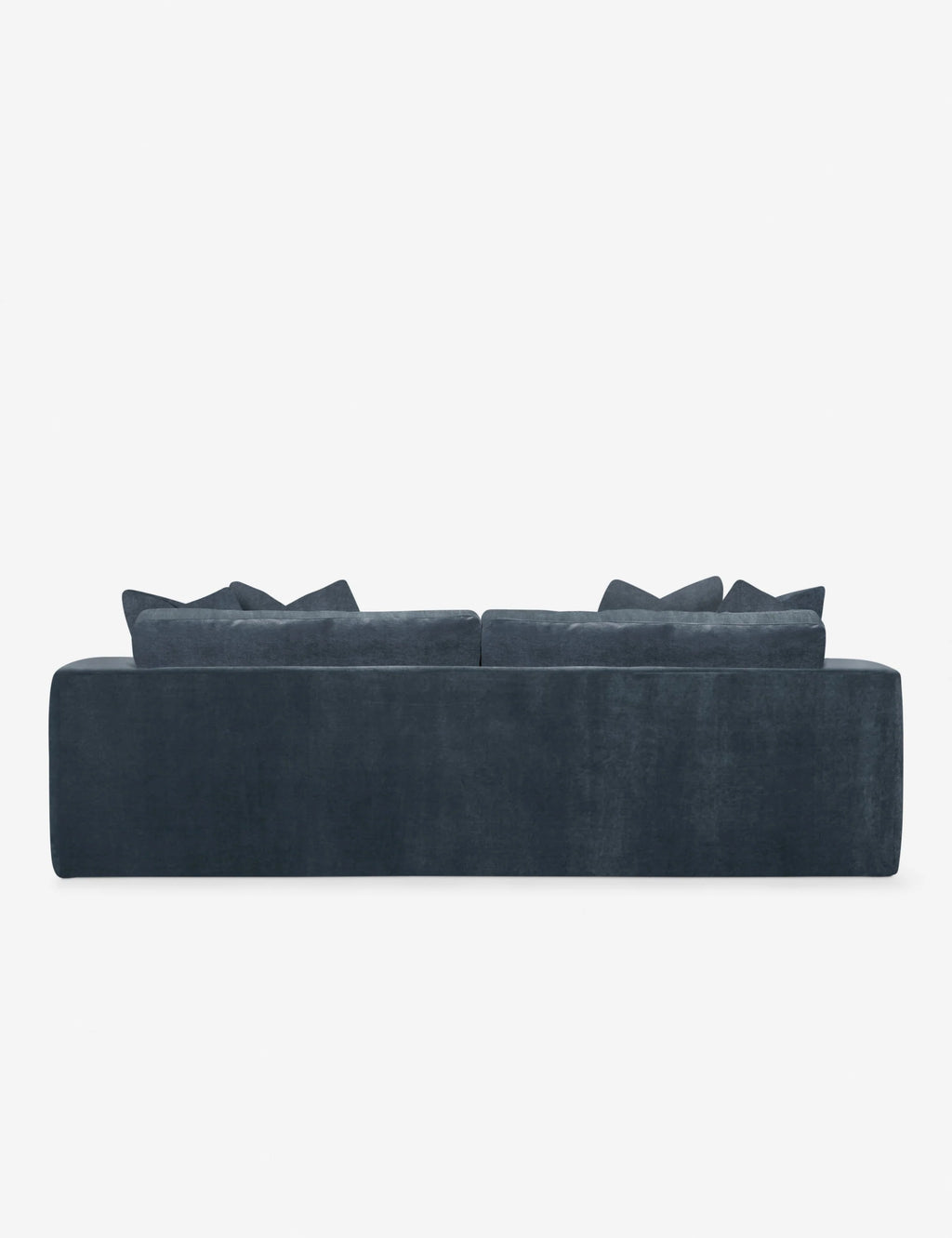 Back View of Gunhee Blue Velvet Sofa with deep cushions and wide arms, designed for spacious contemporary interiors