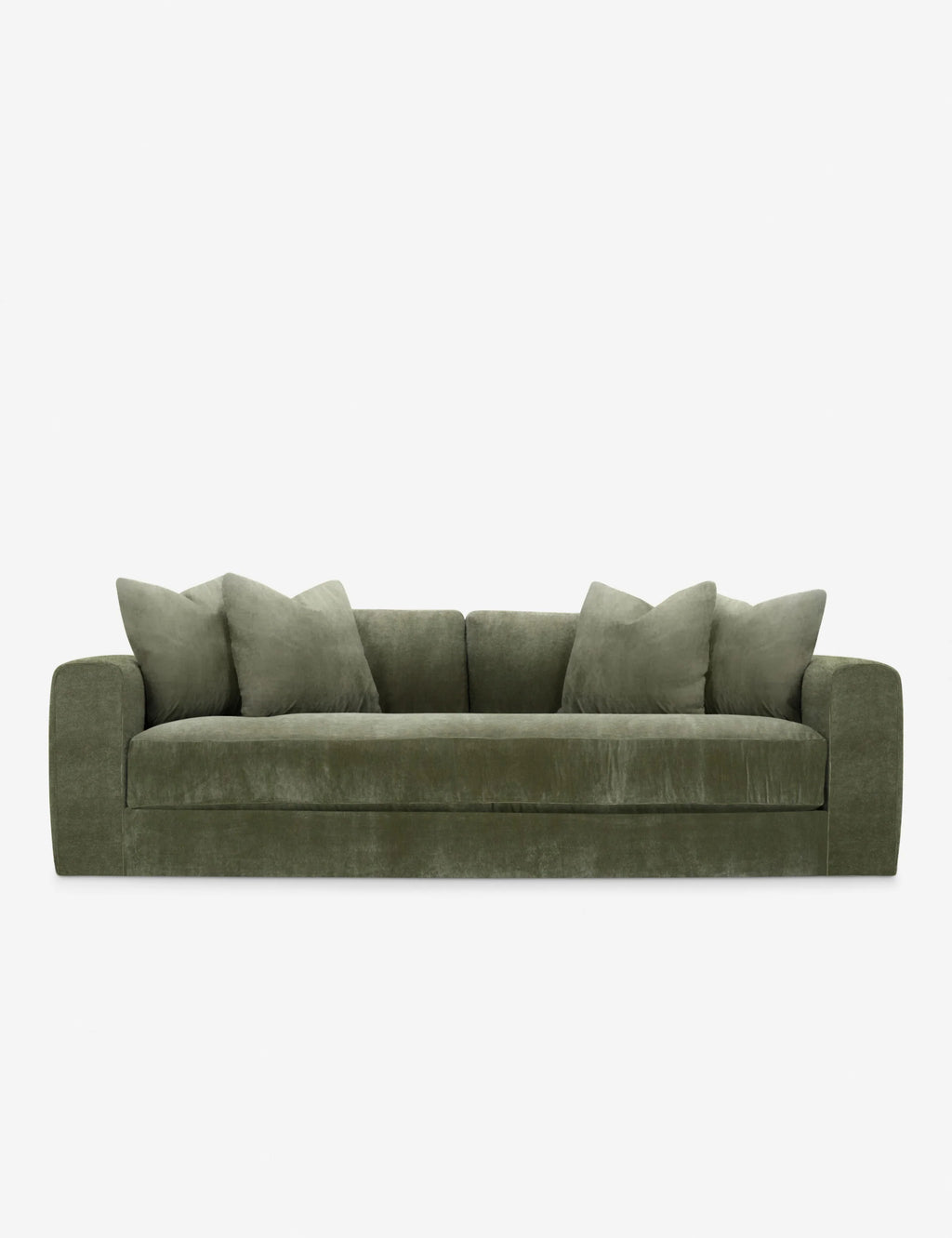 Gunhee Moss Velvet Sofa with deep cushions and wide arms, designed for spacious contemporary interiors