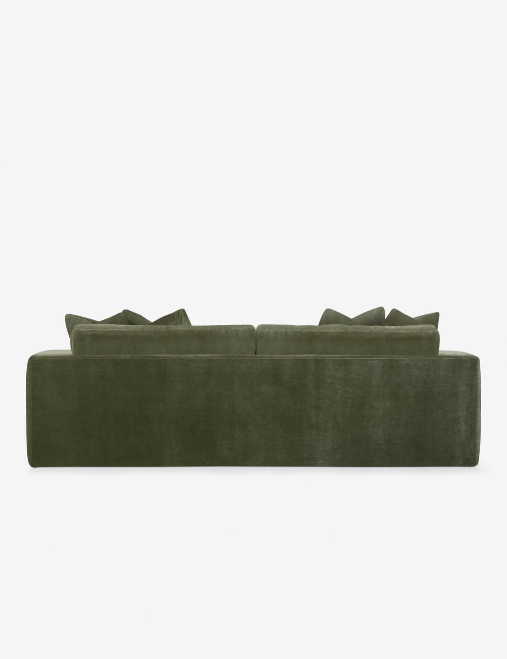 Back view of Gunhee Moss Velvet Sofa with deep cushions and wide arms, designed for spacious contemporary interiors