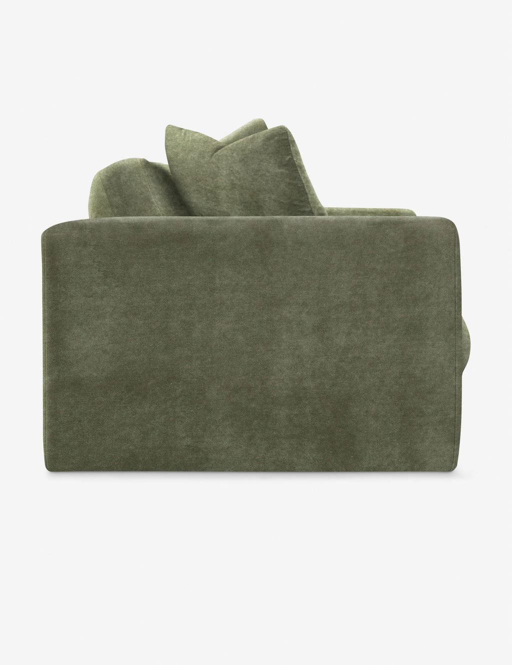 Side view of Gunhee Moss Velvet Sofa with deep cushions and wide arms.