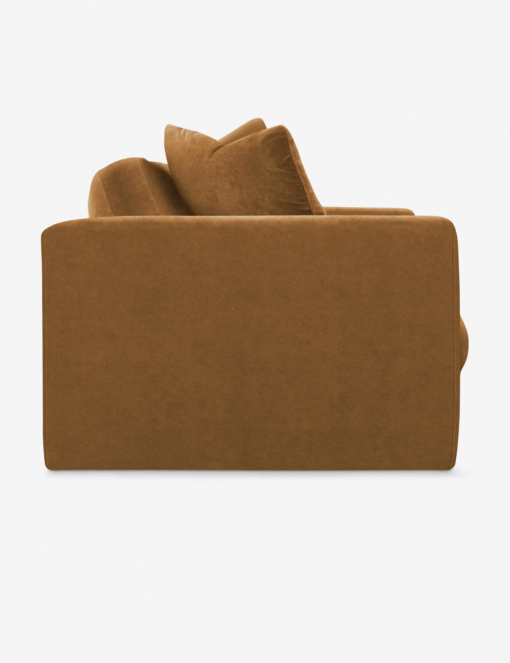 Side View of Gunhee Sofa with cognac color with deep cushions and wide arms.