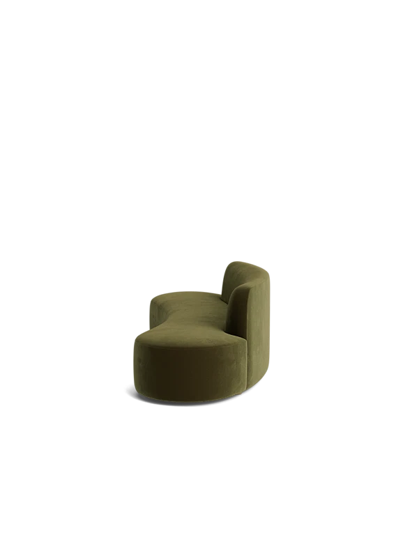 Side view of the Haein Sofa brown highlighting its sculptural form and deep, cushioned seat.