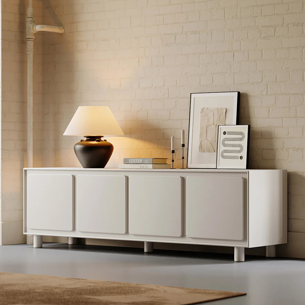 Angled view of Higa Media Console highlighting multiple doors