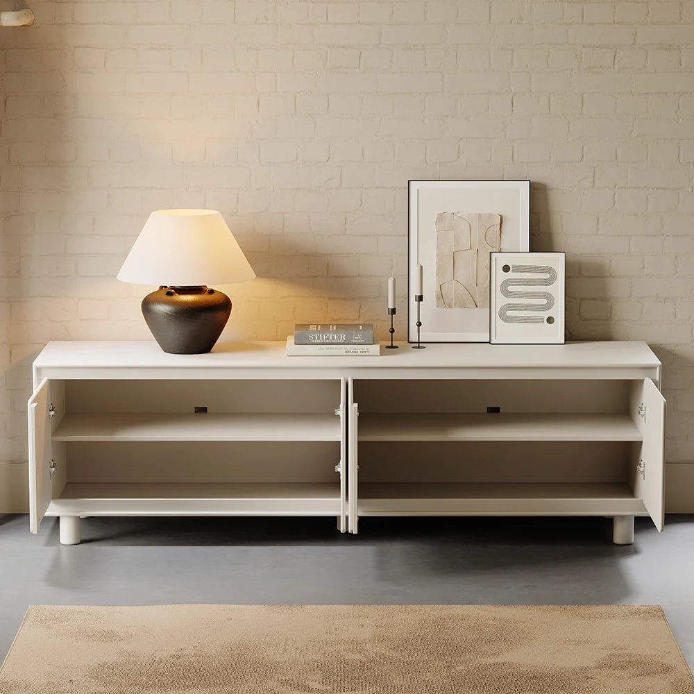 Top-down view of Higa Modern Media Console revealing spacious top for TV placement and internal pace and shelving