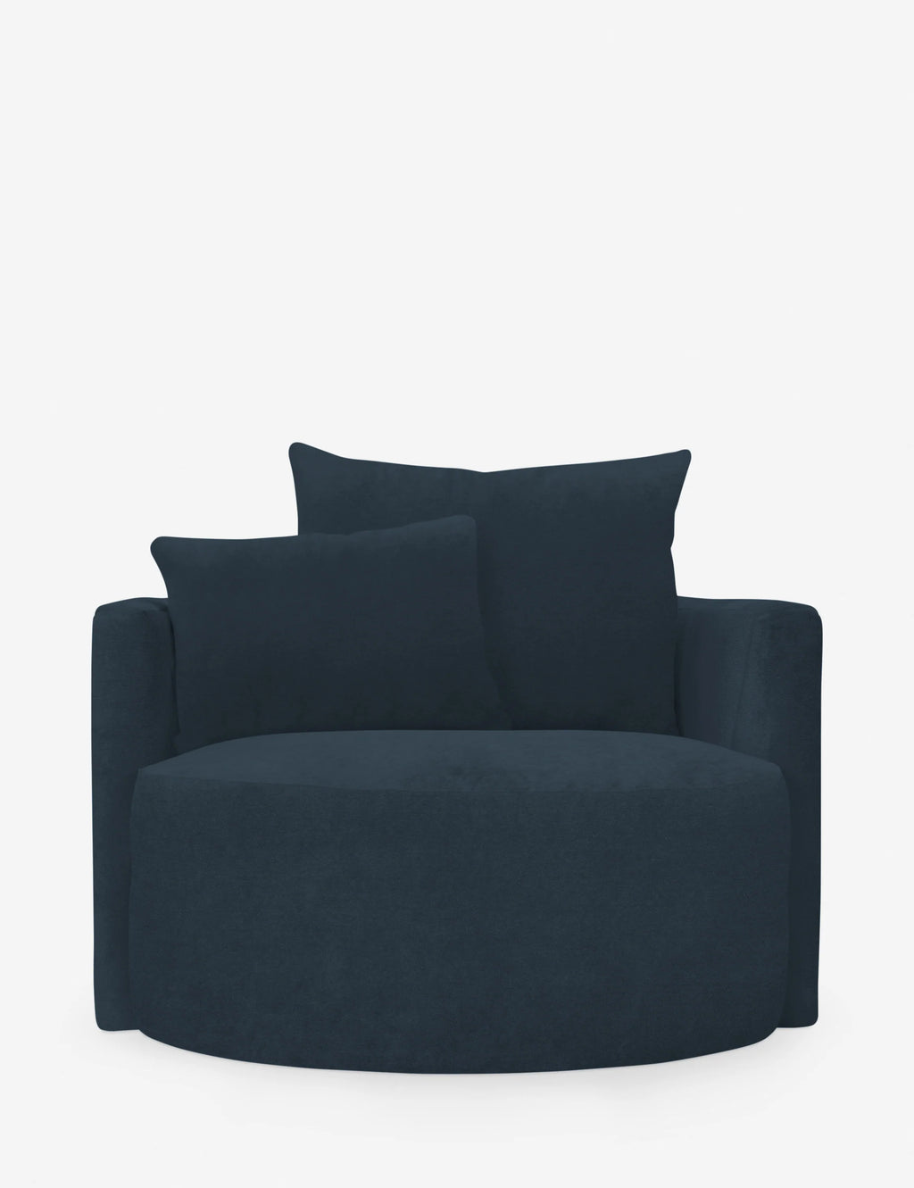 Straight-on image of Jong Lounge Blue Chair emphasizing modern silhouette.