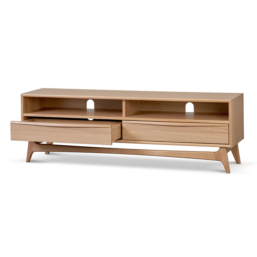 Angled view of Klaus TV Console highlighting two-door storage, open shelves, and clean rectangular lines