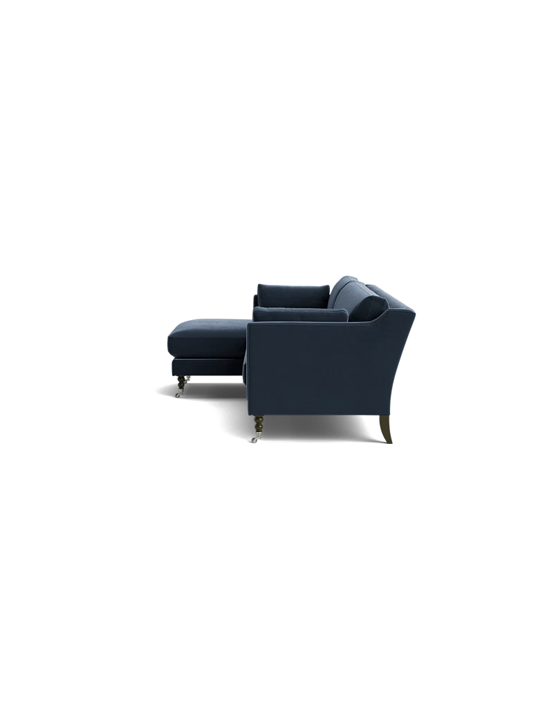 Side angled view of Lennart Sofa in rich blue velvet.