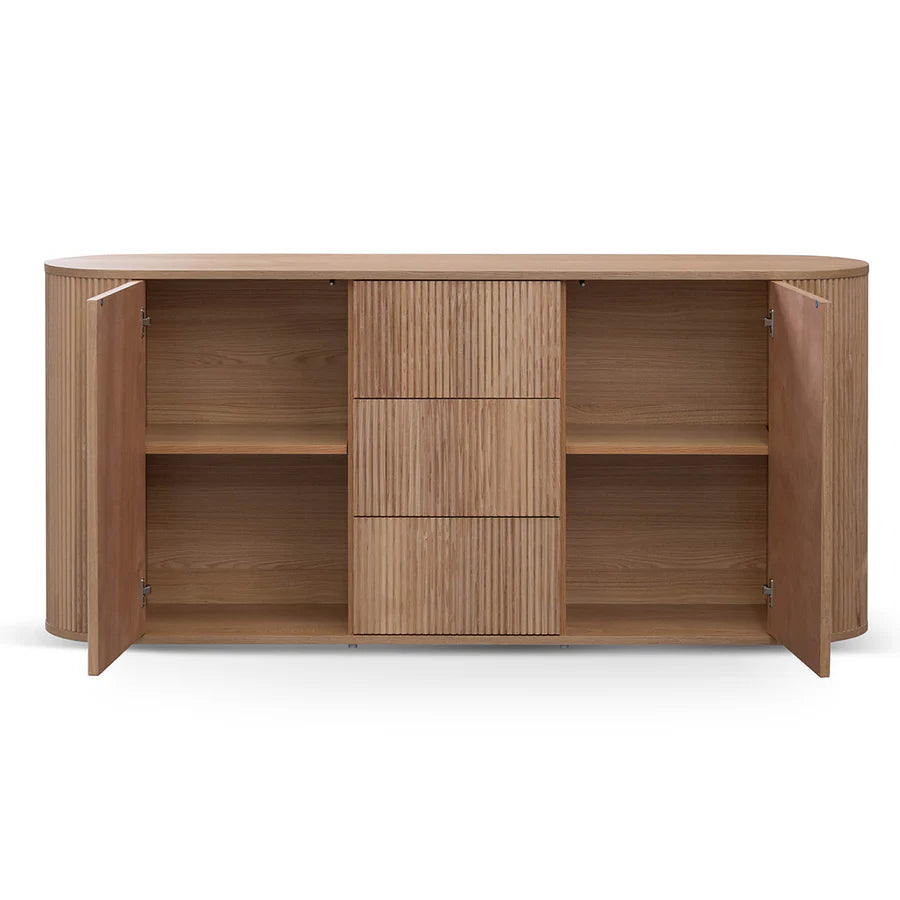 Front View of Meta 2.0 Sideboard highlighting two-door storage, three drawers, and clean linear structure