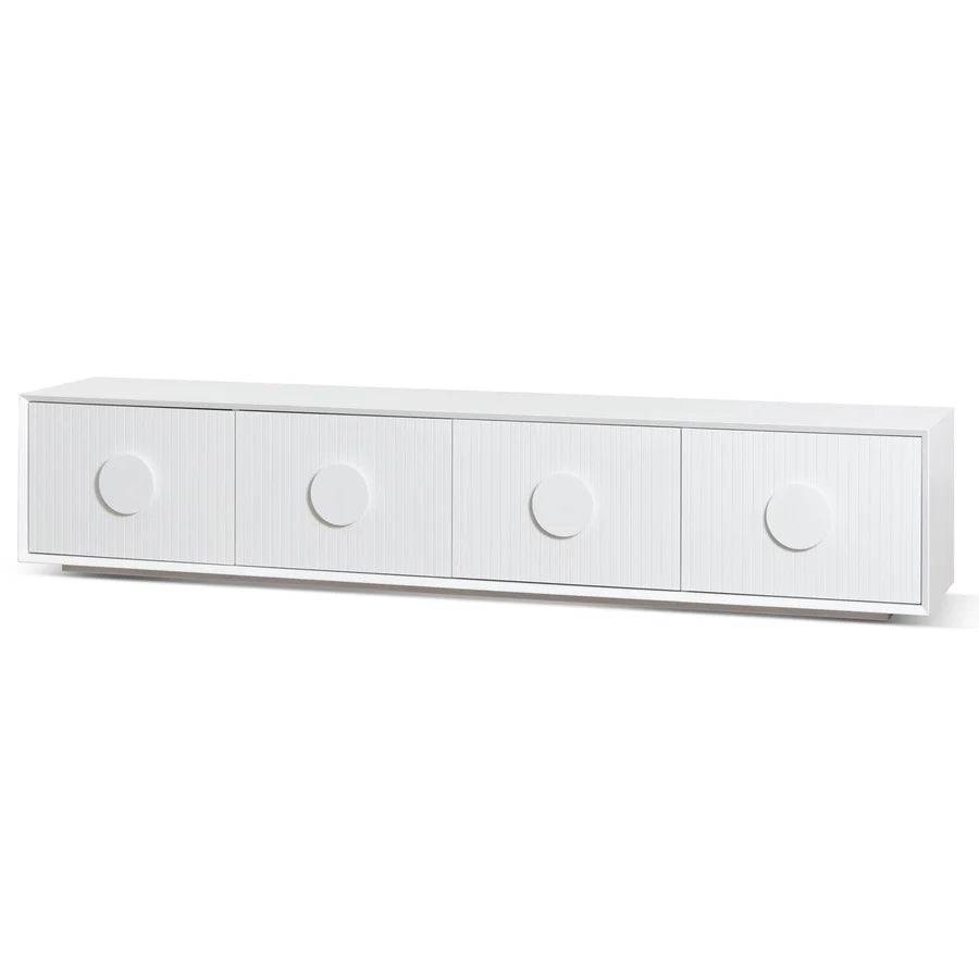 Straight-on image of Mimosa Storage Cabinet emphasizing fluted detailing and modern minimalist design