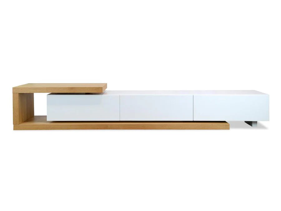 Natsuki TV Entertainment Unit in white and natural color with natural wood tones and sleek white accents
