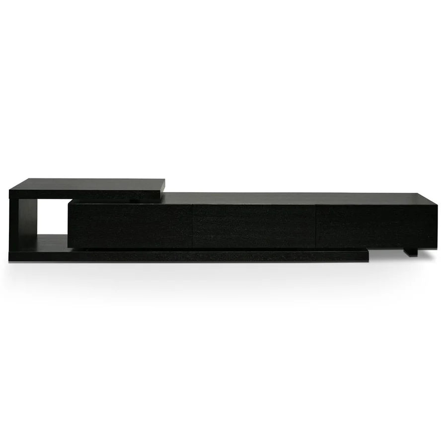 Straight-on image of Natsuki TV Unit emphasizing black wood finish and minimalist structure