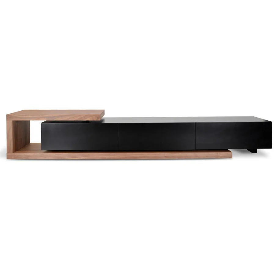 Straight-on image of Natsuki TV Unit emphasizing natural wood finish and minimalist black structure