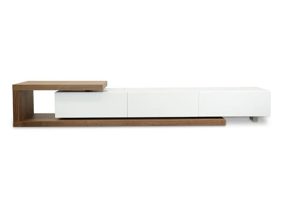 Straight-on image of Natsuki TV Unit emphasizing warm wood finish and white paint minimalist structure