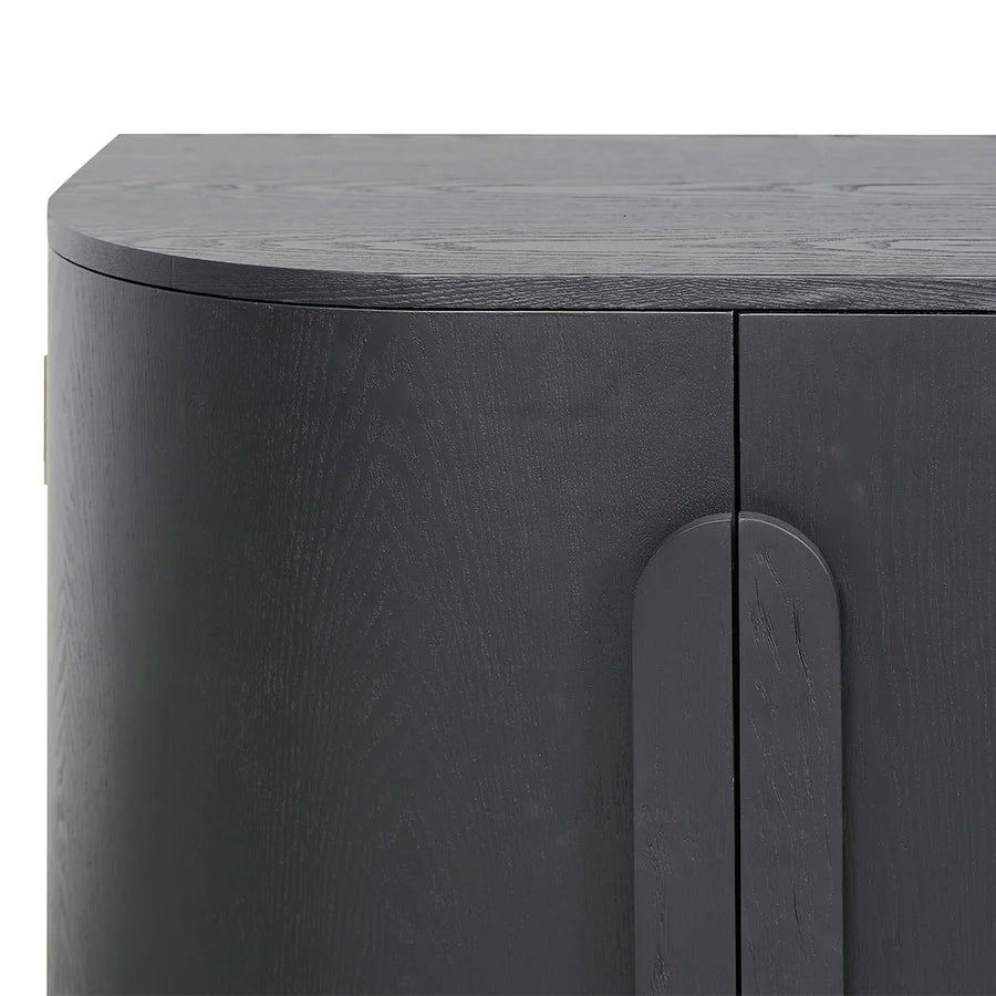 Detailed close-up of Nezha Cabinet’s ribbed veneer panels and precision craftsmanship