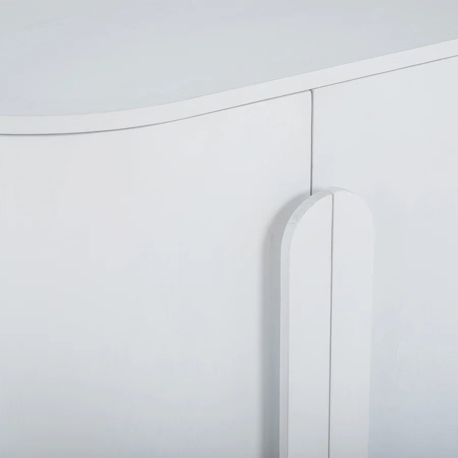Detailed close-up of Nezha Cabinet’s white matte finish panels and precision craftsmanship