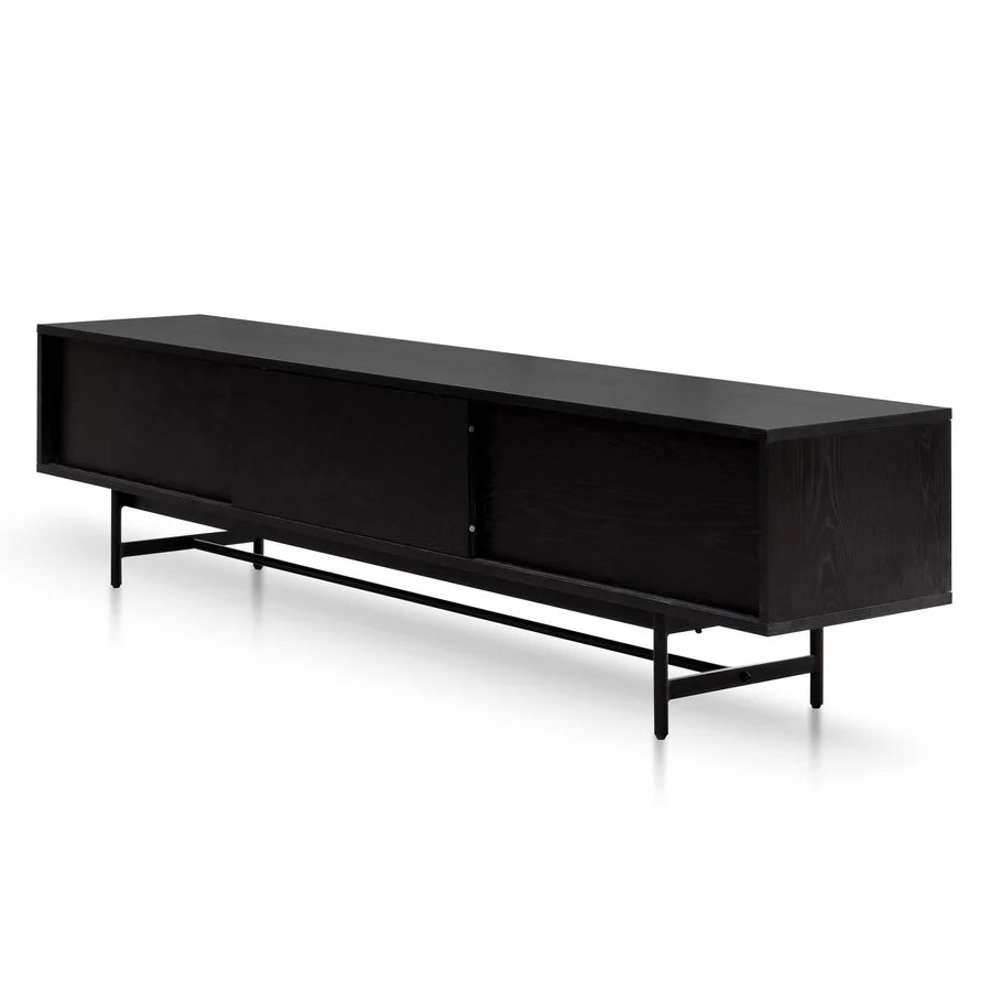 Orcas Media Unit with black frame, wooden panels, and spacious storage compartments