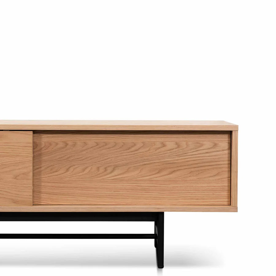 Detailed close-up of Orcas Media Unit’s textured wooden panels and smooth sliding door mechanism