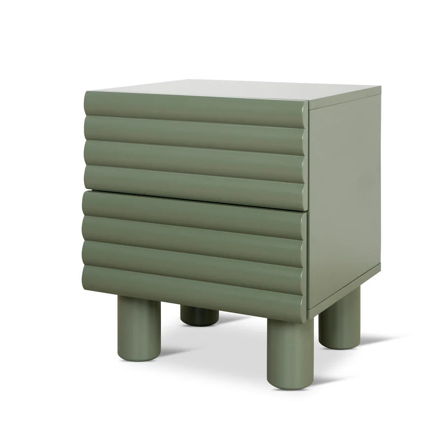 Side view of Orlando Bedside Table with raised wooden legs and compact rectangular shape