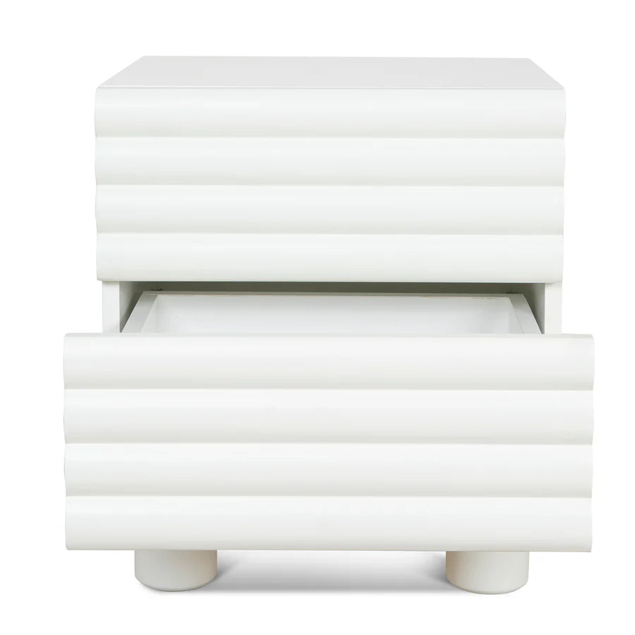 View of Orlando Bedside Table highlighting single drawer with minimal handle and lower open shelf