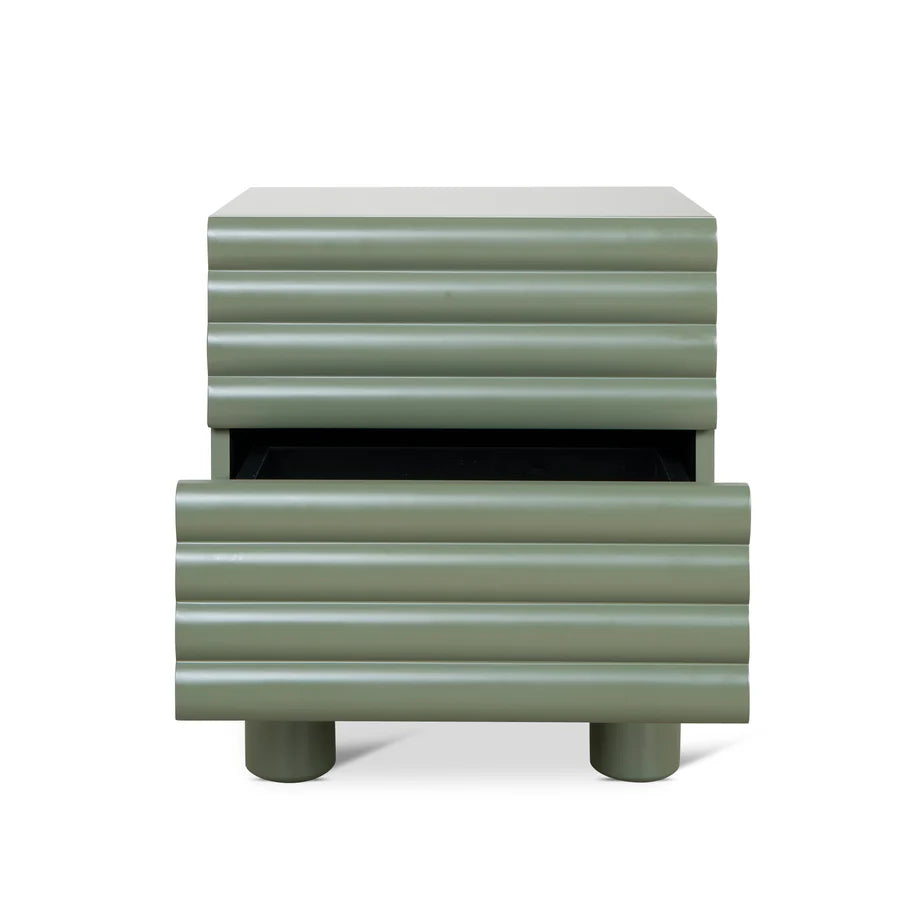 View of Orlando Bedside Table highlighting single drawer with minimal handle and lower open shelf