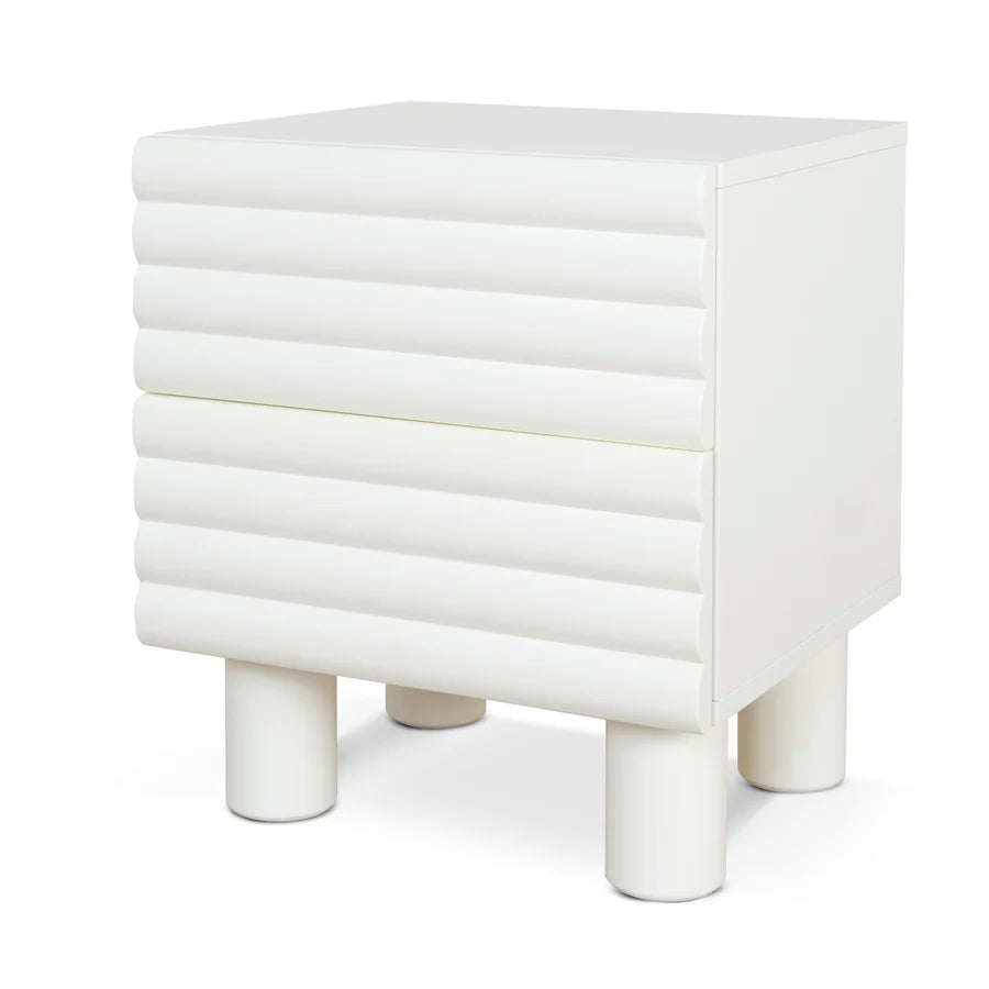 Side view of Orlando Bedside Table with raised wooden legs and compact rectangular shape