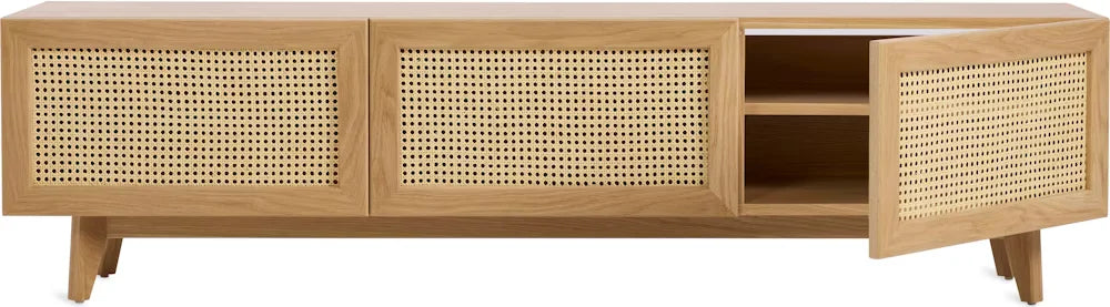 Straight-on image of Sierra Media Unit emphasizing rattan design and natural finish