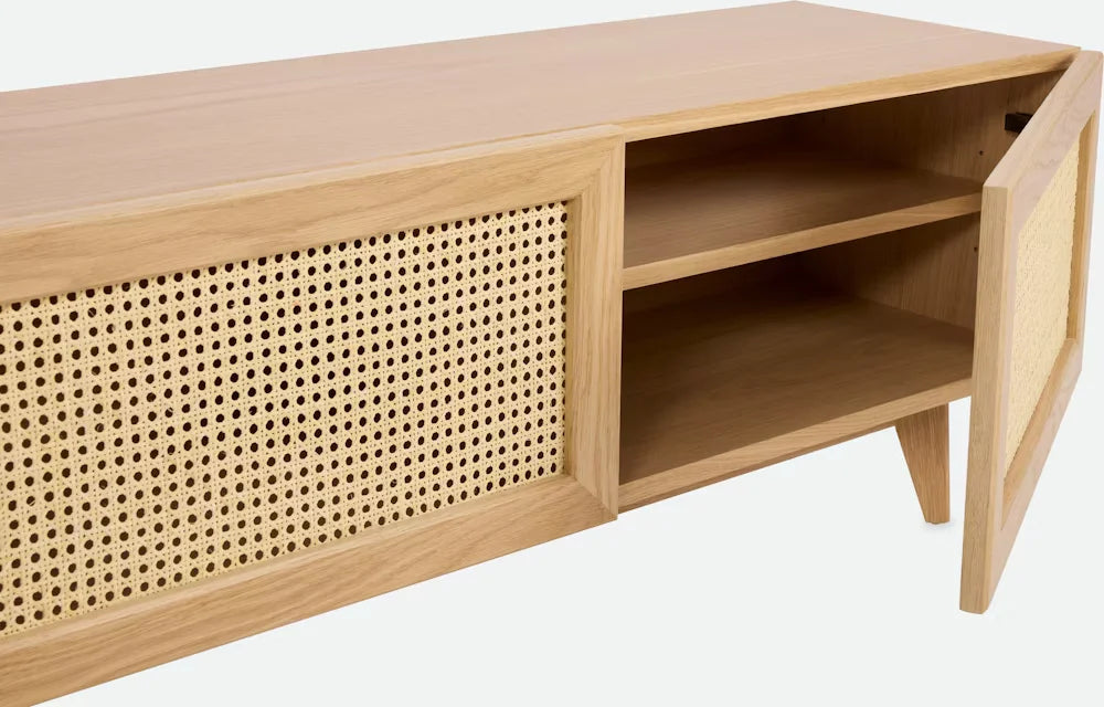 Detailed close-up of Sierra Media Unit’s fluted wooden texture and soft close cabinet design with internal shelving.