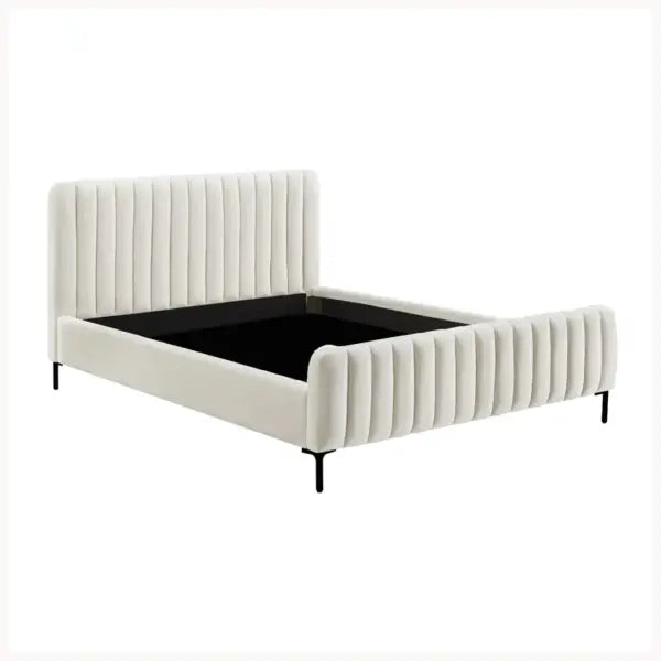Side view of Sigurd Upholstered Bed displaying slim legs, solid wood frame, and under-bed space