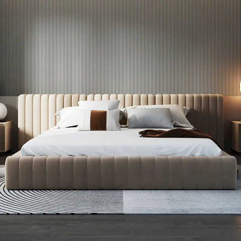Front-facing image of Strea Bed emphasizing modern simplicity and tailored fabric finish