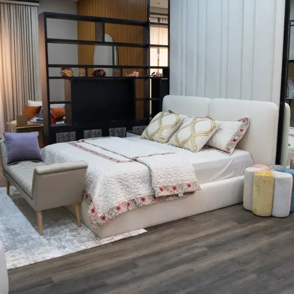 Sugou Upholstered Bed in a cozy UAE bedroom setting with a tall headboard and soft-toned decor