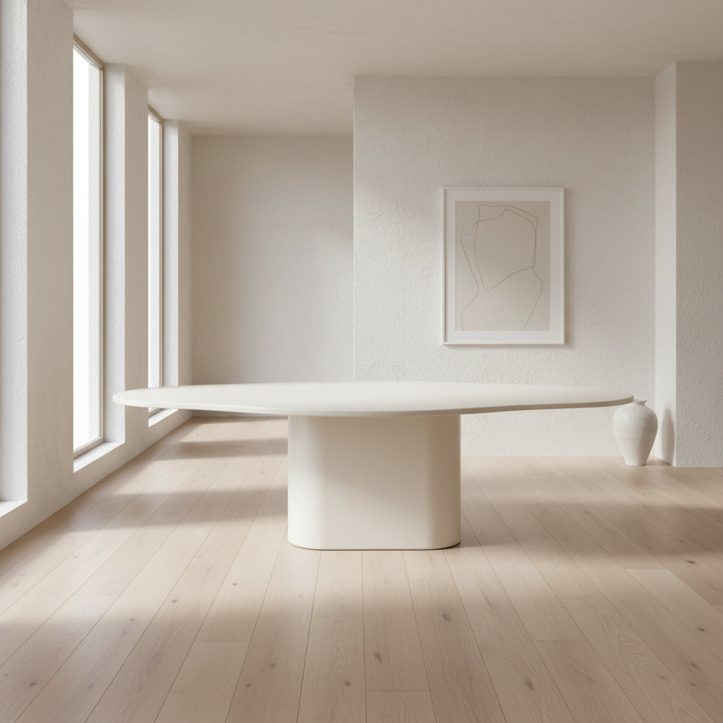 Vebis Beige Organic-Shaped Dining Table underside showing sturdy pedestal attachment and fiberboard core structure
