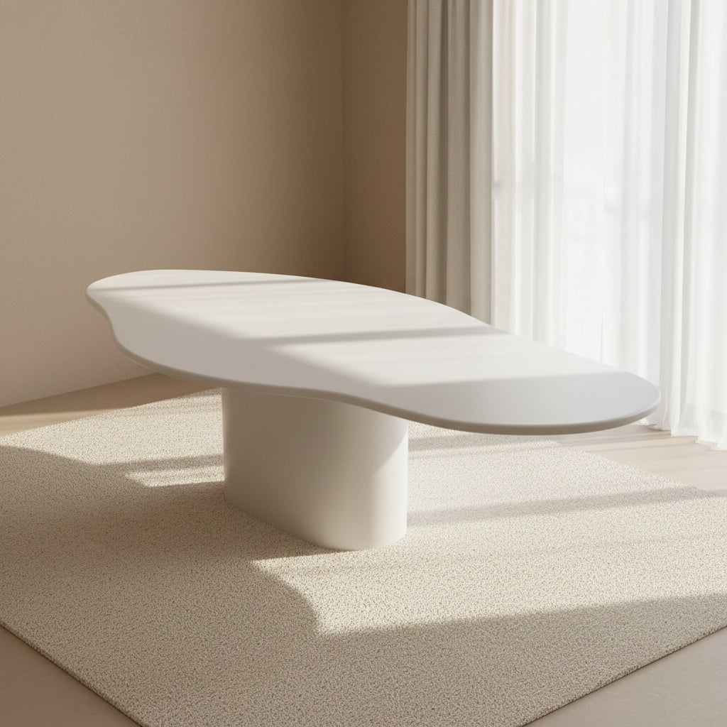 Vebis white organic-shaped dining table underside showing sturdy pedestal attachment and fiberboard core