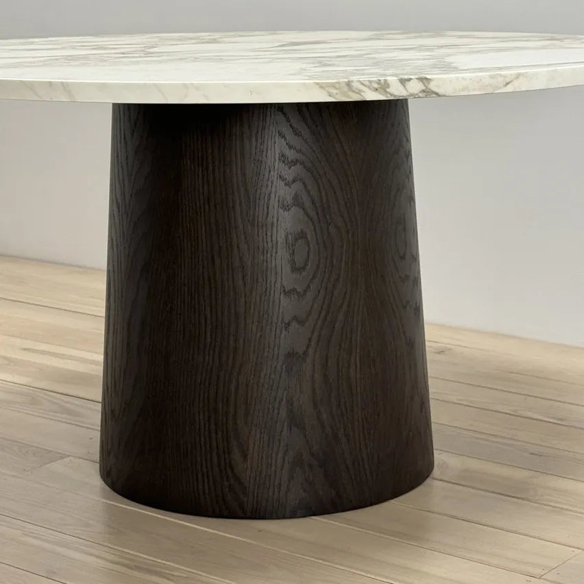 Detailed close-up of Yami Sukehiro Table’s oak veneer texture and matte black sculpted base