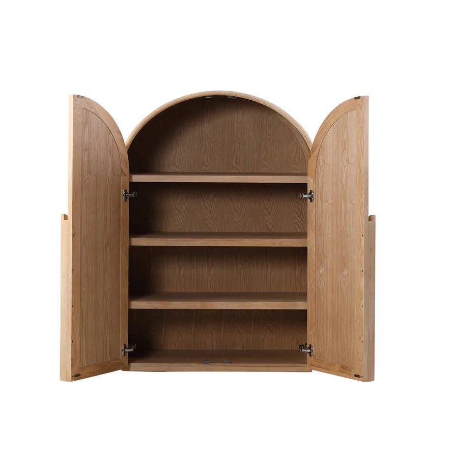 Top-down view of brown Yuno Curve Cabinet revealing spacious Inner display shelving and smooth finish