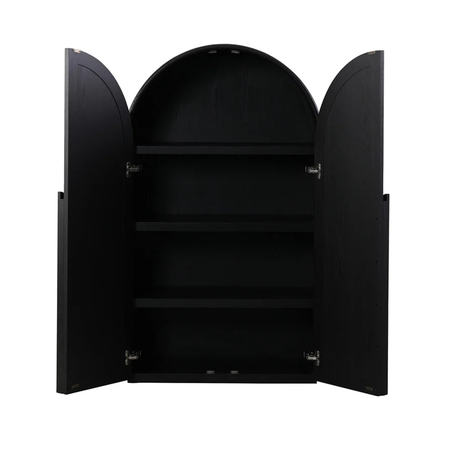 Top-down view of Yuno Curve Cabinet revealing spacious inner shelving display surface and smooth finish
