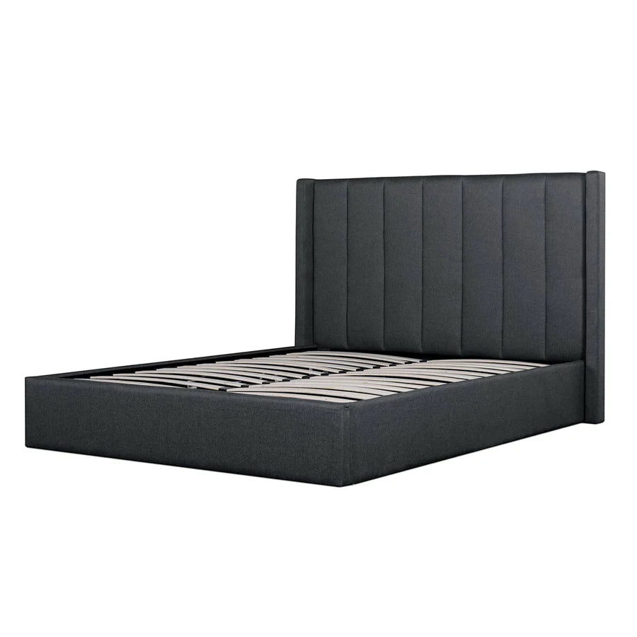Side view of Yuuki Charcoal gray Velvet Bed showing supportive frame, slightly raised base, and smooth velvet texture